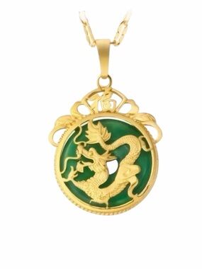 Gold and Green Dragon Pendant Necklace New